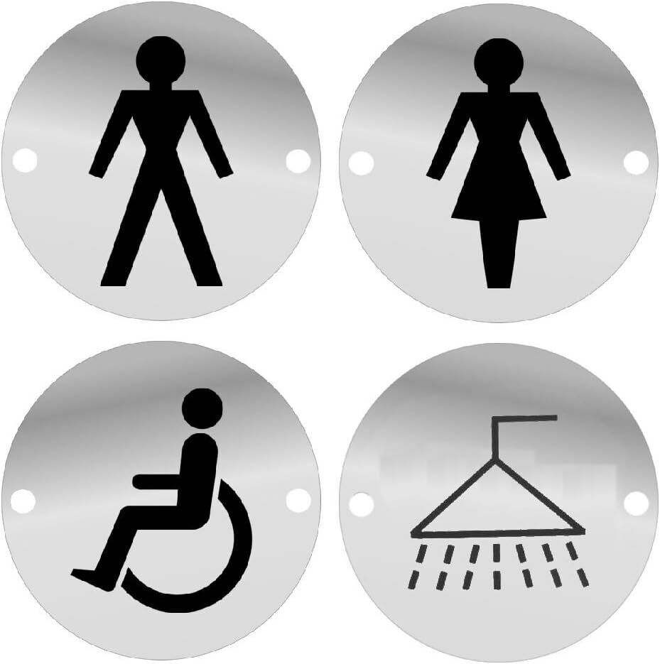 4Pc Toilet Door Sign Set 75mm Screen Printed SAA Male Female Disabled Shower