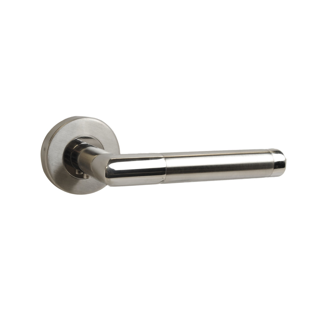 ViBE Dubel Lever on Rose Door Handle in a Dual Satin & Polished Stainless Steel Finish for Internal Doors