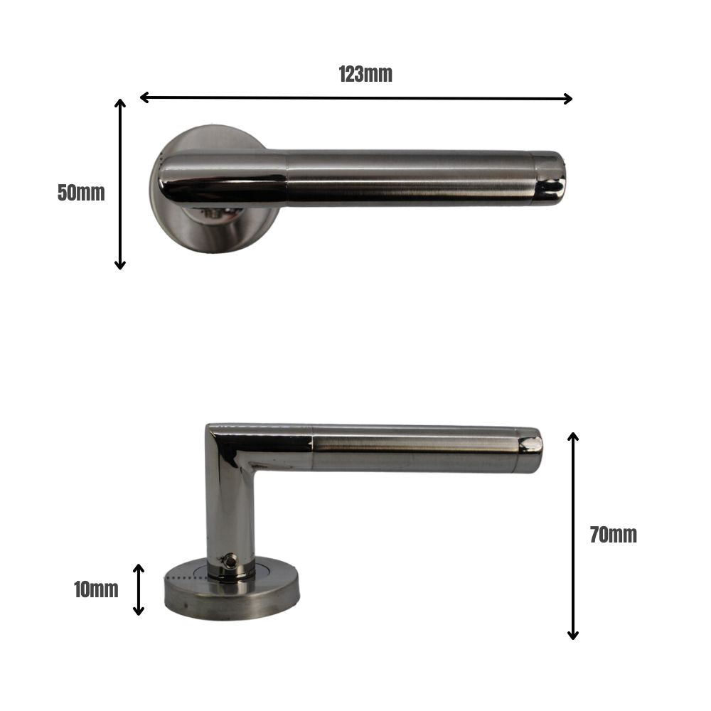 ViBE Dubel Lever on Rose Door Handle in a Dual Satin & Polished Stainless Steel Finish for Internal Doors