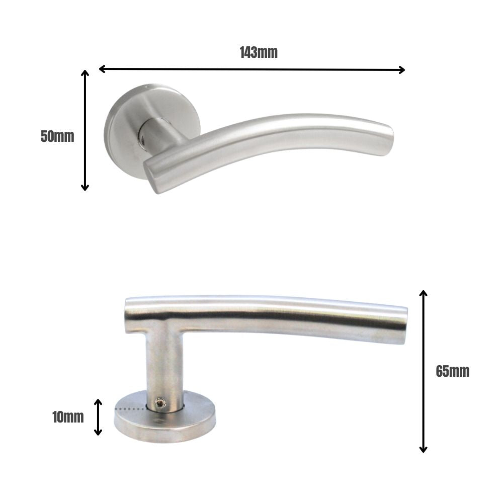 ViBE Curve Lever on Rose Door Handle in Satin Stainless Steel for Internal Doors