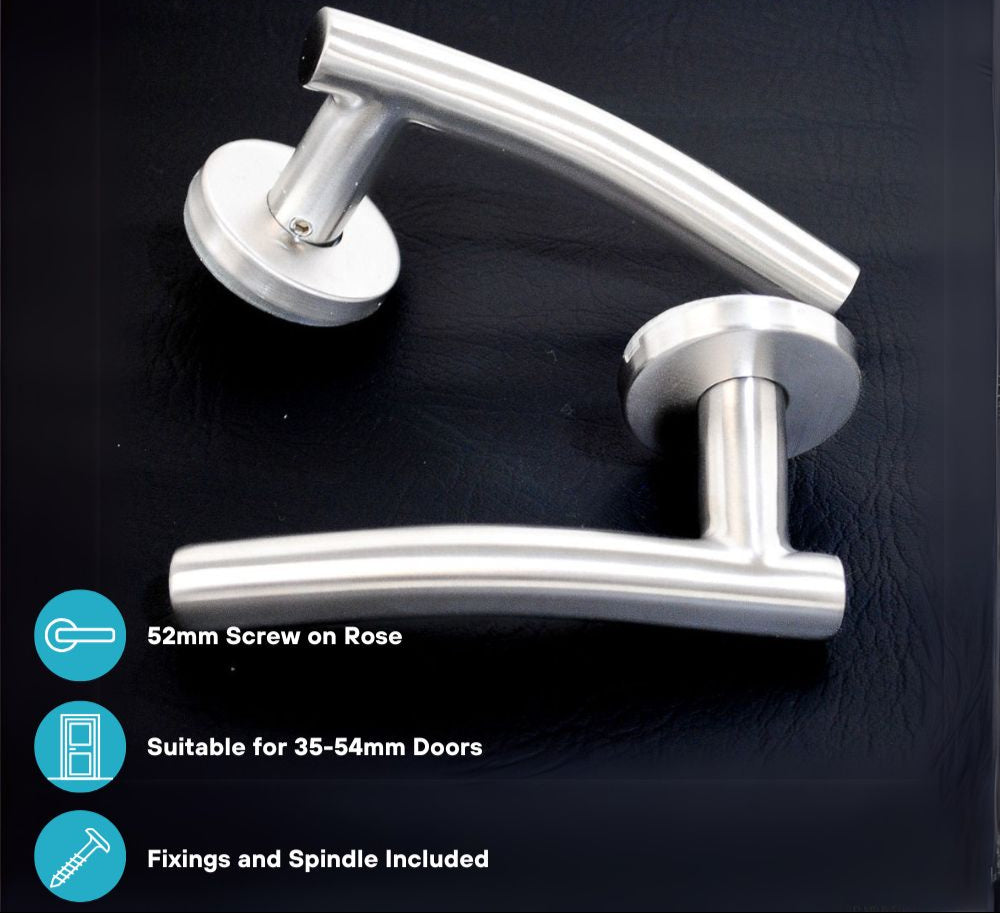 ViBE Curve Lever on Rose Door Handle in Satin Stainless Steel for Internal Doors