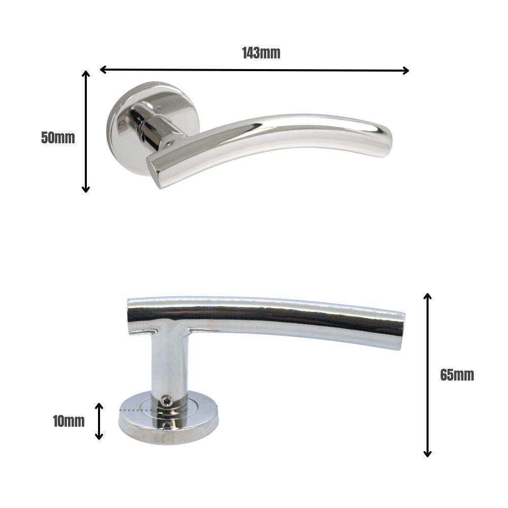 ViBE Curve Lever on Rose Door Handle in Polished Stainless Steel for Internal Doors