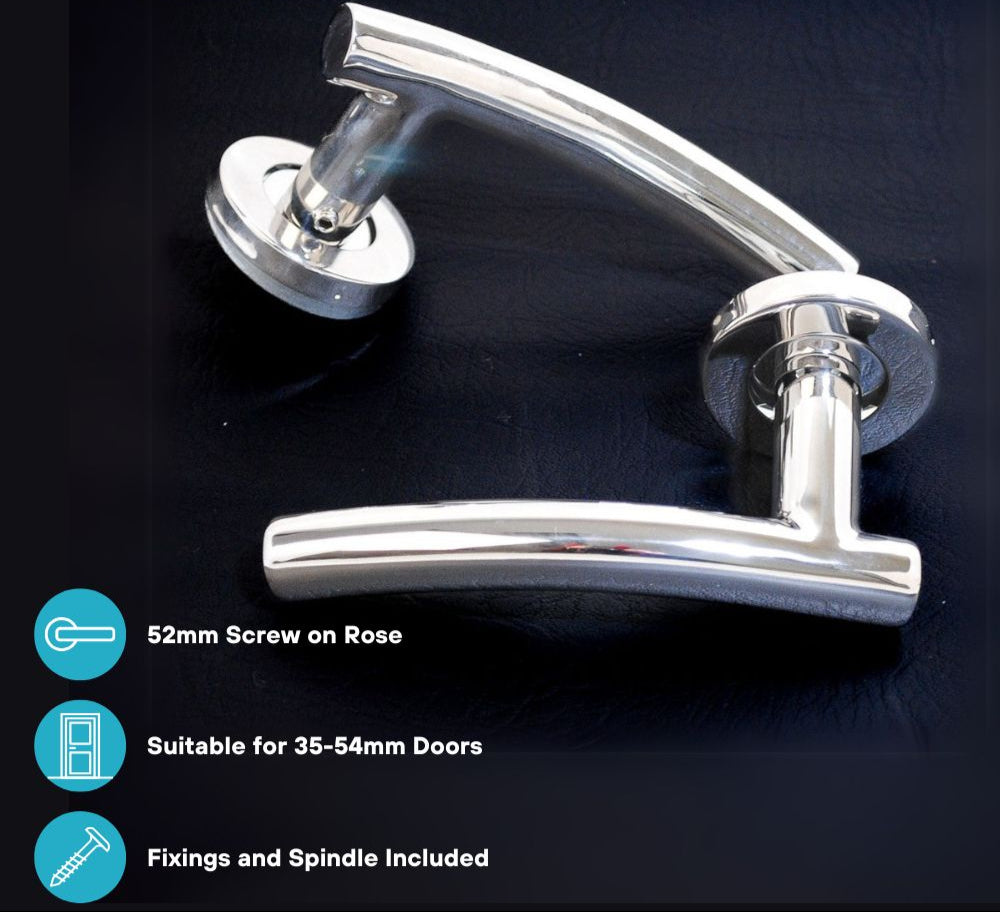 ViBE Curve Lever on Rose Door Handle in Polished Stainless Steel for Internal Doors