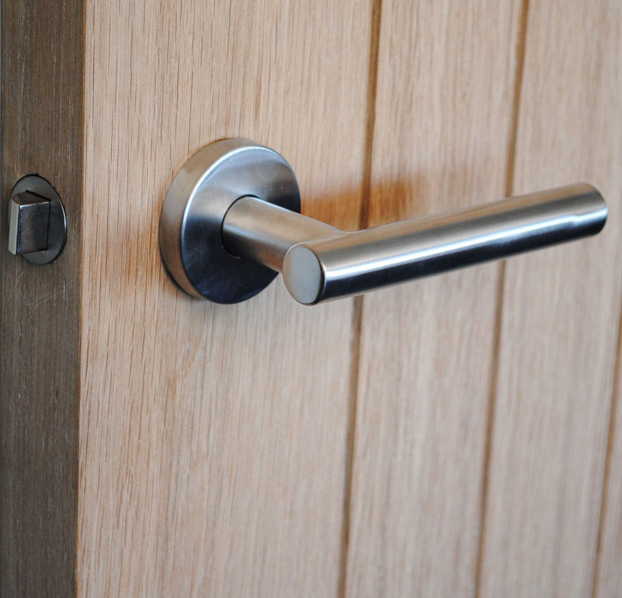 ViBE Horna Lever on Rose Door Handle in Satin Stainless Steel for Internal Doors