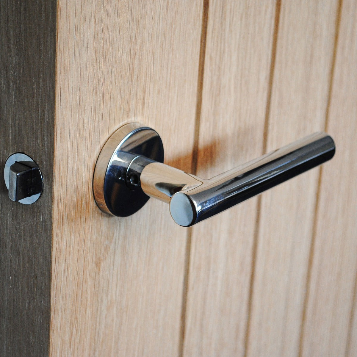 ViBE Horna Lever on Rose Door Handle in Polished Stainless Steel for Internal Doors