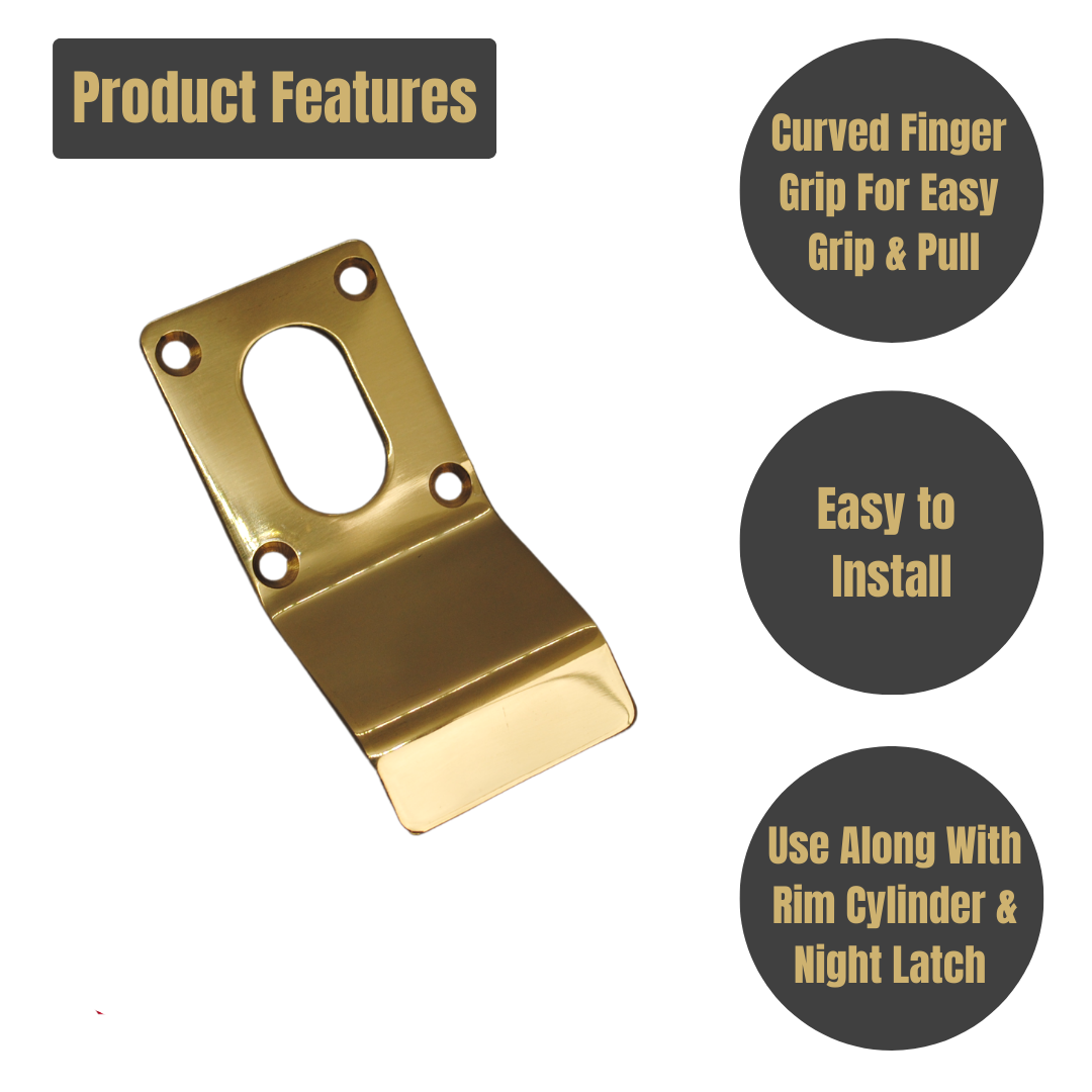 Vibe Cylinder Pull Oval 90x45mm on Polished Brass with Curved Finger Grip for Cylinder Locks