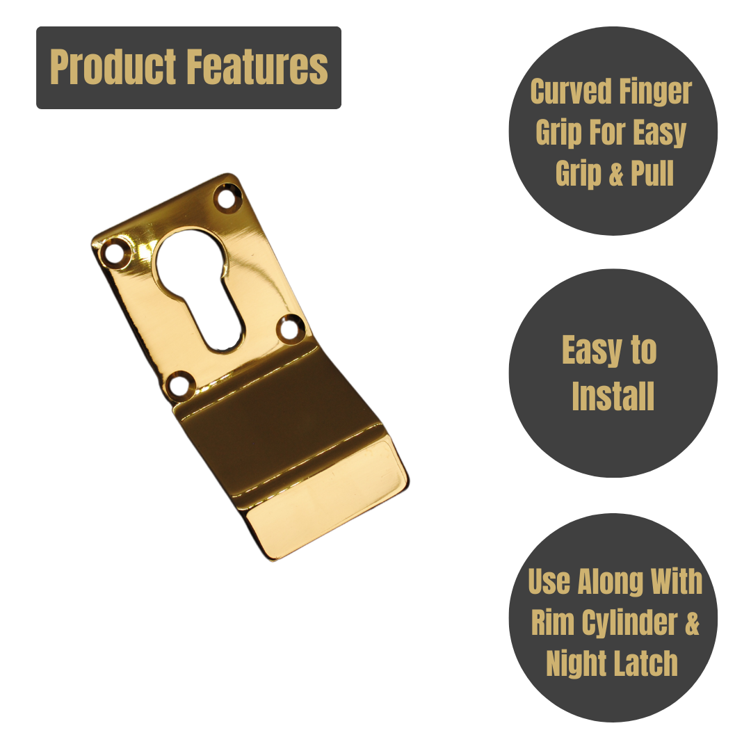 Vibe Cylinder Pull Euro 90x45mm on Polished Brass with Curved Finger Grip for Cylinder Locks