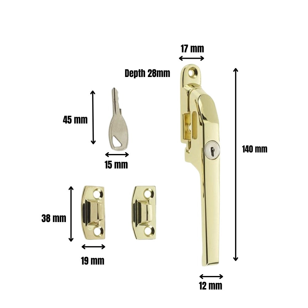 Locking Window Casement Fastener in Polished Brass