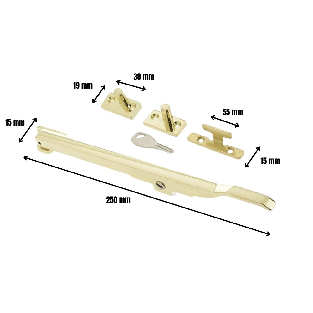 Locking Window Casement Stay 250mm in Polished Brass