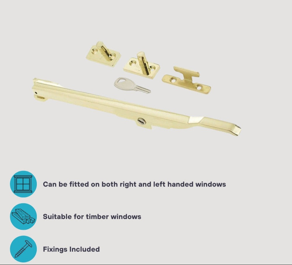Locking Window Casement Stay 250mm in Polished Brass