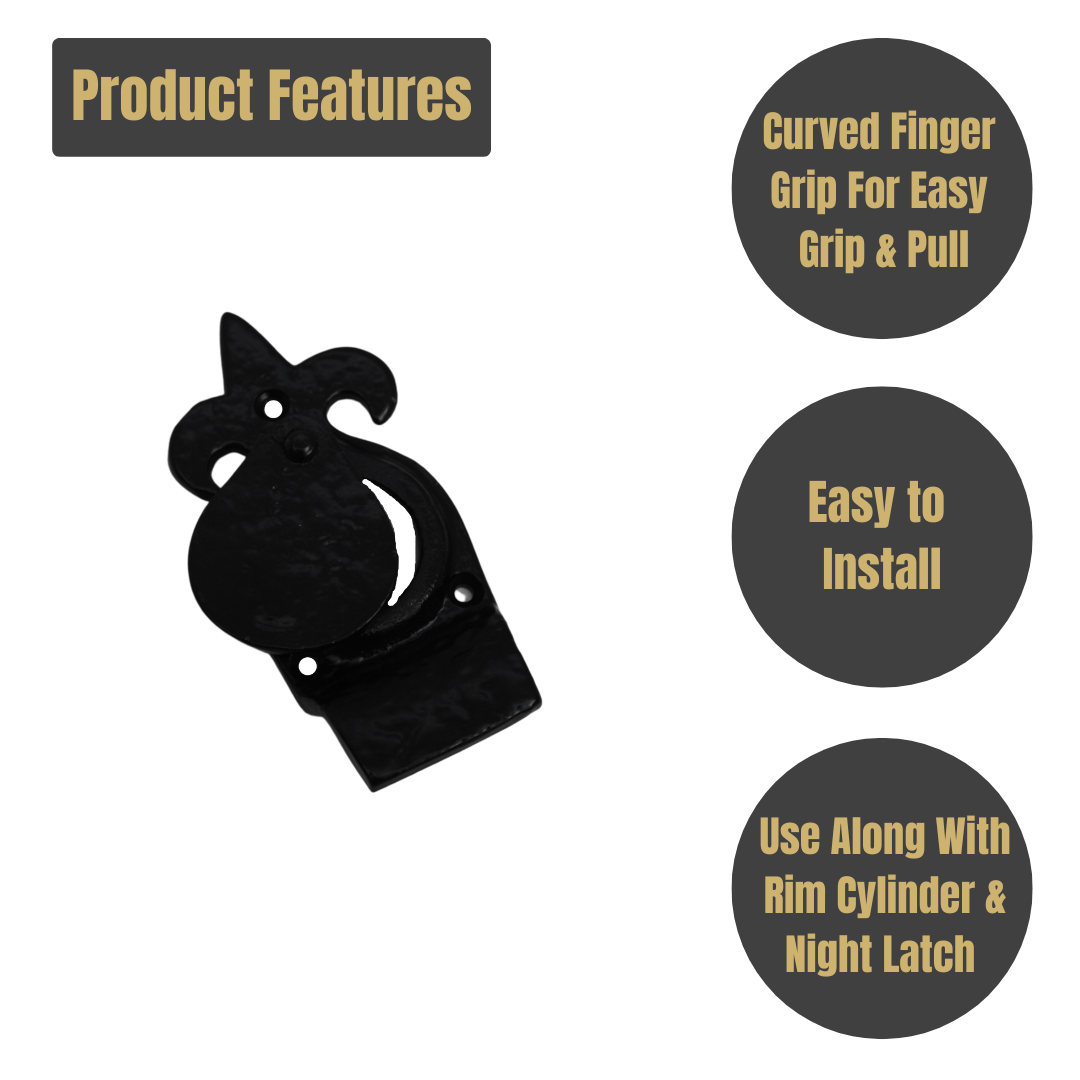 Cylinder Pull Fleur De Lys on Black with Curved Finger Grip for Cylinder Locks