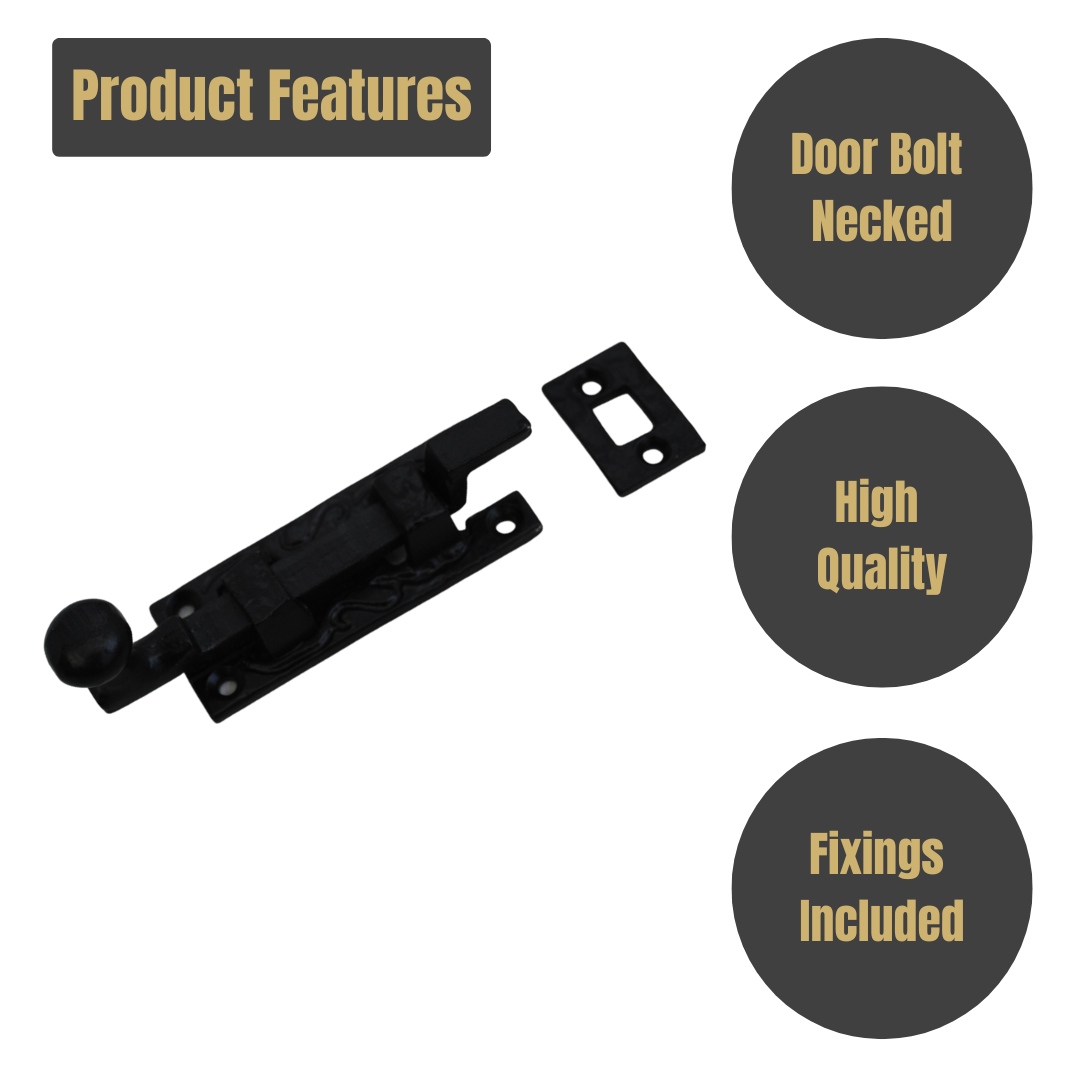Door Bolt Necked 75mm on Black Antique