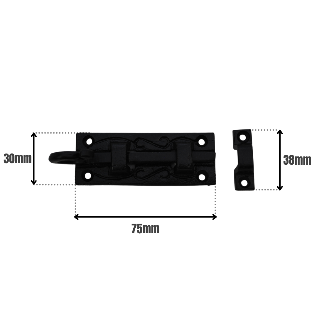Door Bolt Straight Curly Tail 75mm on Black Antique