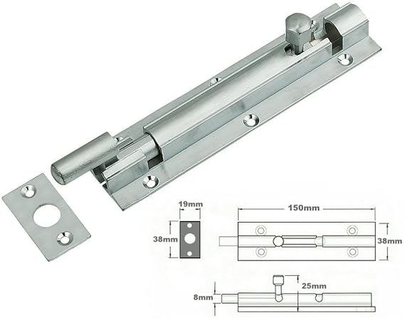 38mm Barrel Bolt Straight/Necked - Satin Chrome Finish (Straight, 38mm x 150mm)