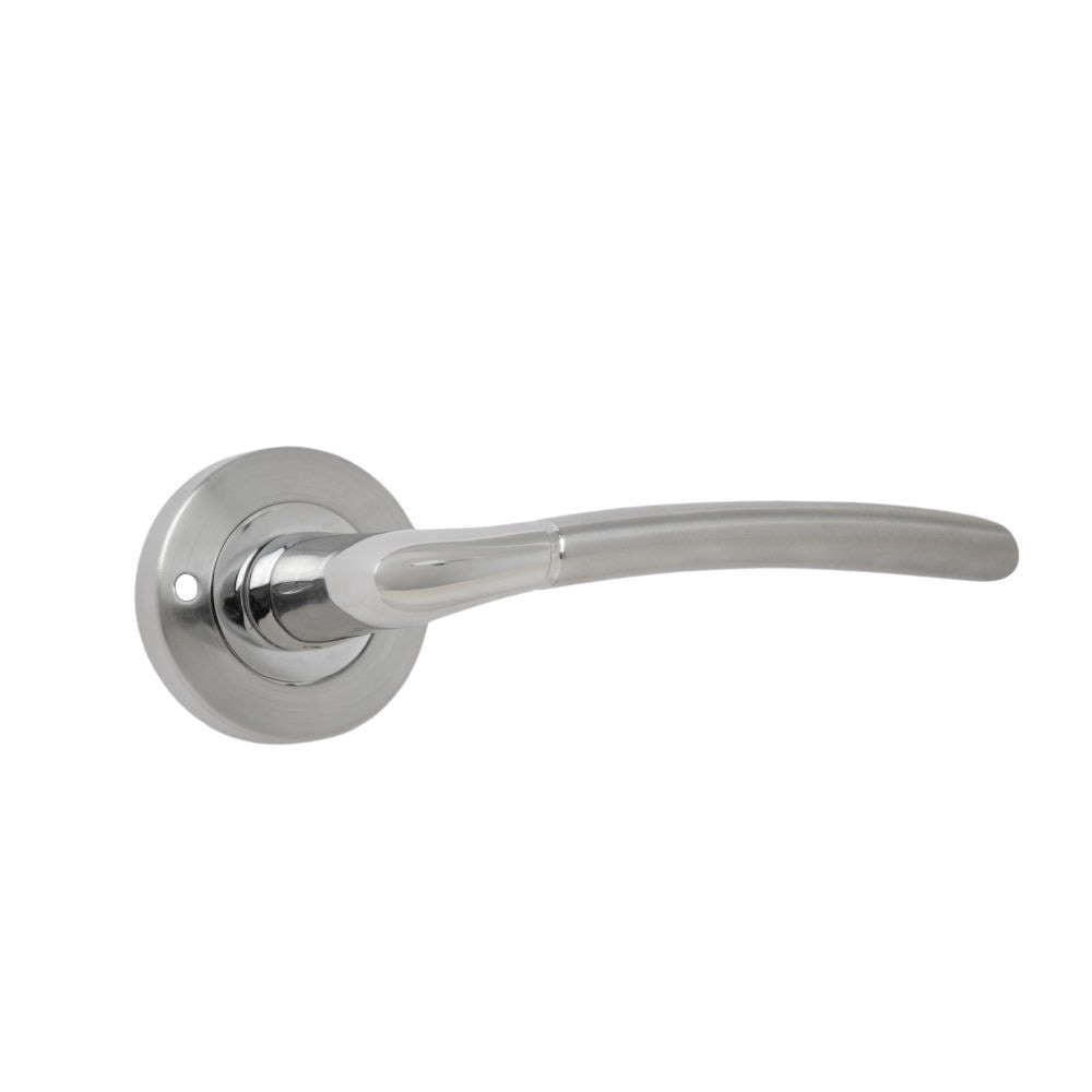 VIBE Design Push Button Privacy IOS Lever in Satin/Polished Chrome for Bathroom Doors