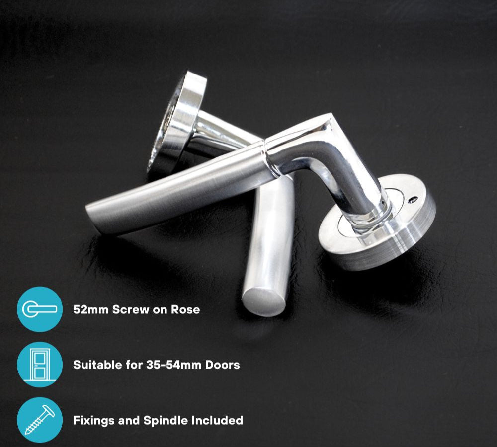 VIBE Design Push Button Privacy IOS Lever in Satin/Polished Chrome for Bathroom Doors