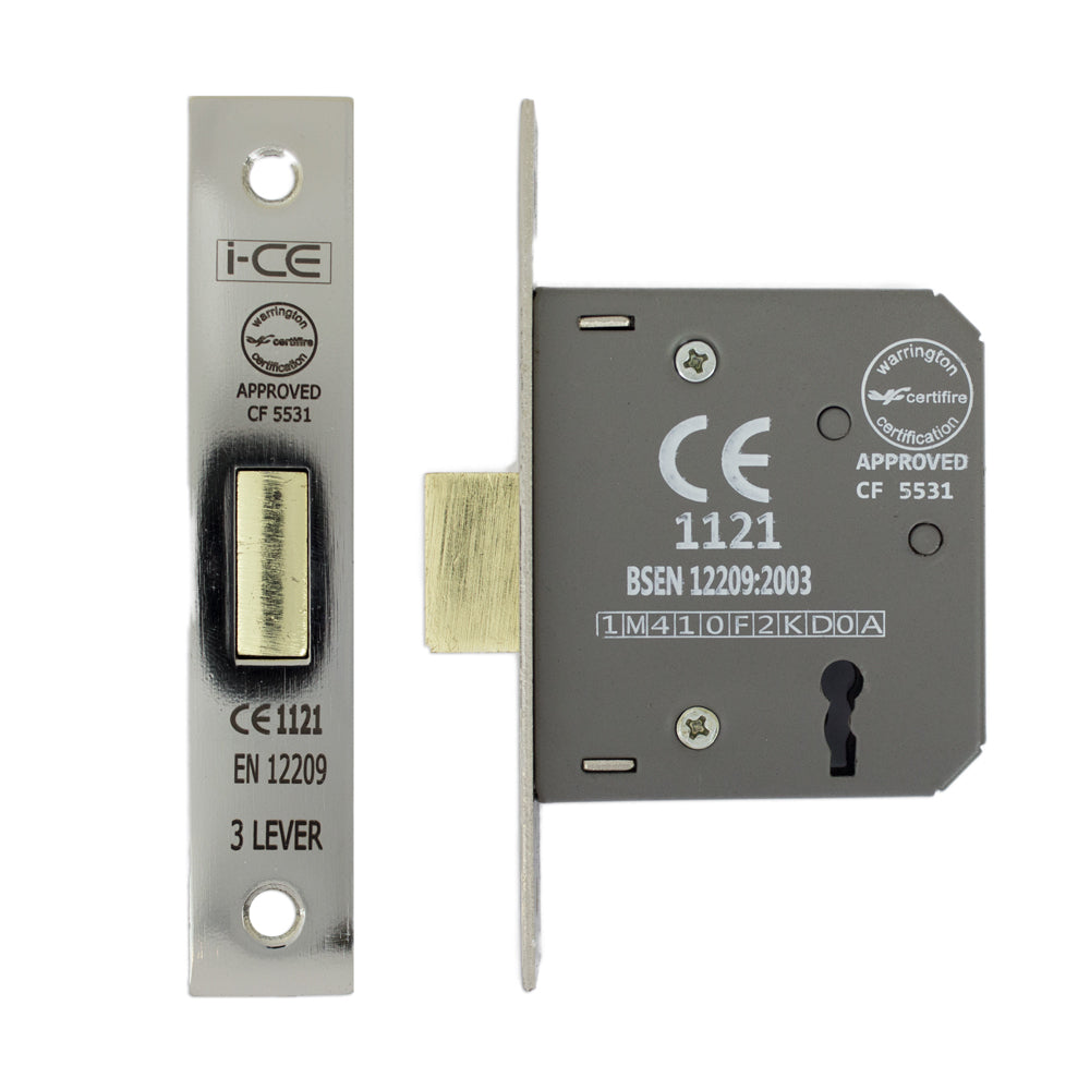 3 Lever Deadlock 63mm CE Rated Satin Nickel Plated