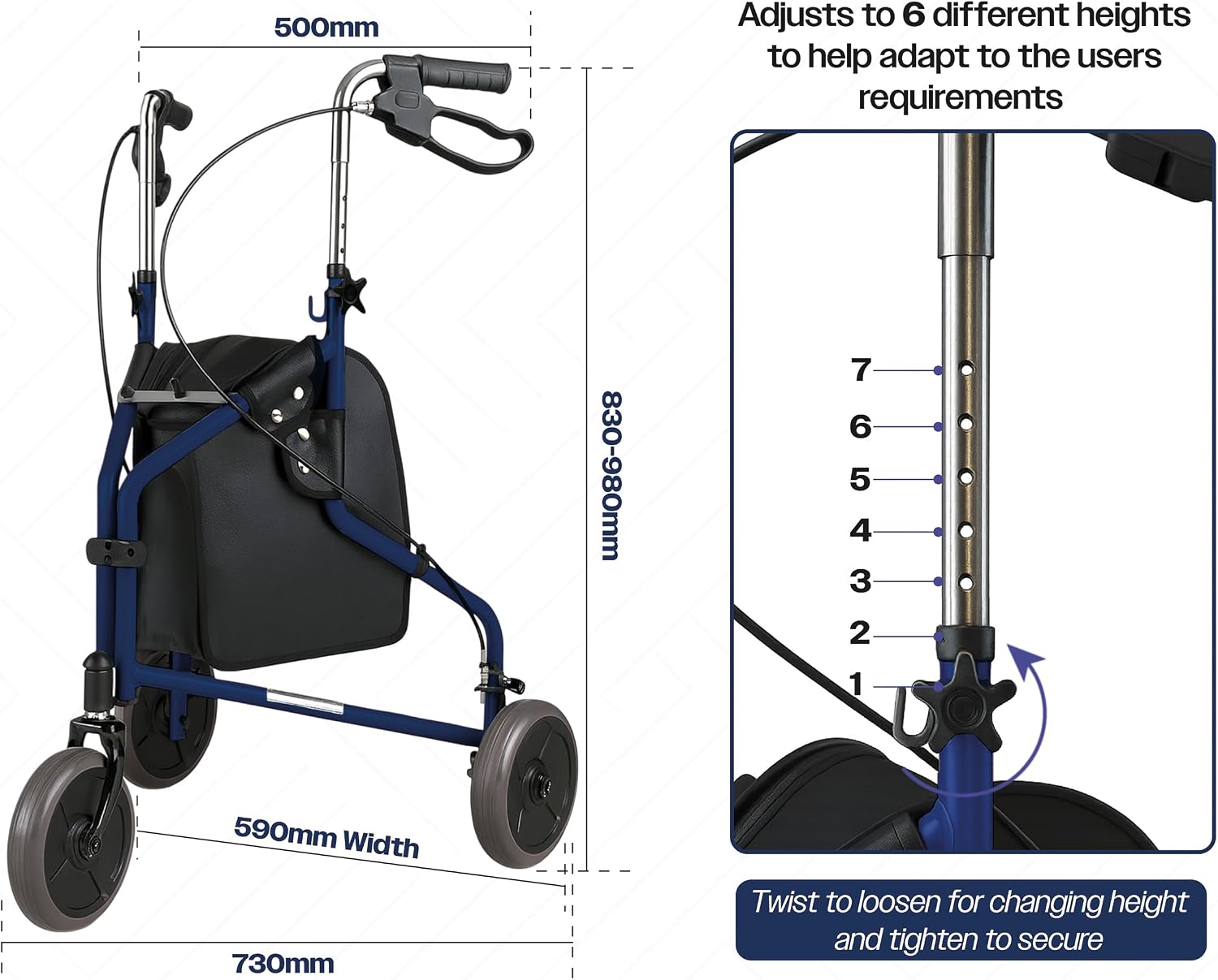 Aidapt Three Wheeled Walker with Bag in Blue - VP174FC