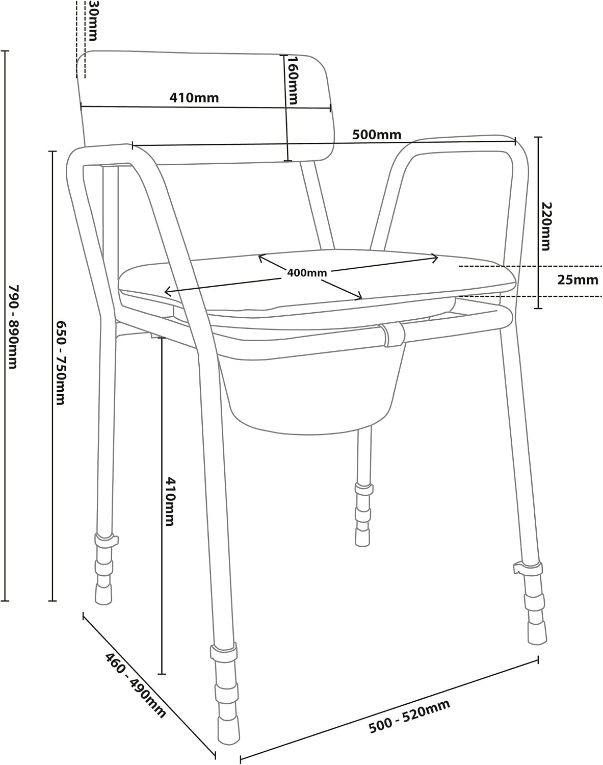 Aidapt Height Adjustable Stacking Commode Chair With Padded Back & Over Seat - VR161X