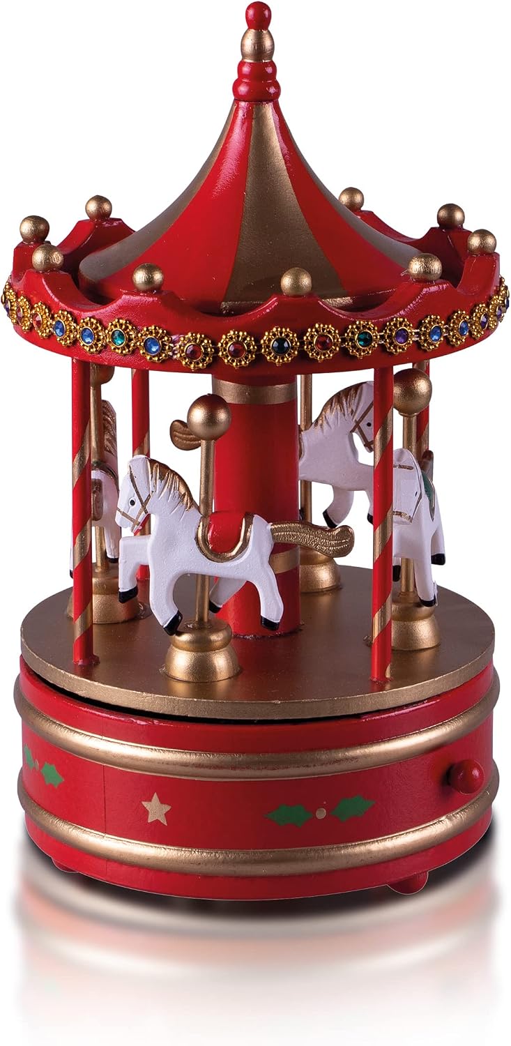 St Helens Home & Garden Wooden Carousel Music Box Red & Gold - GH9036