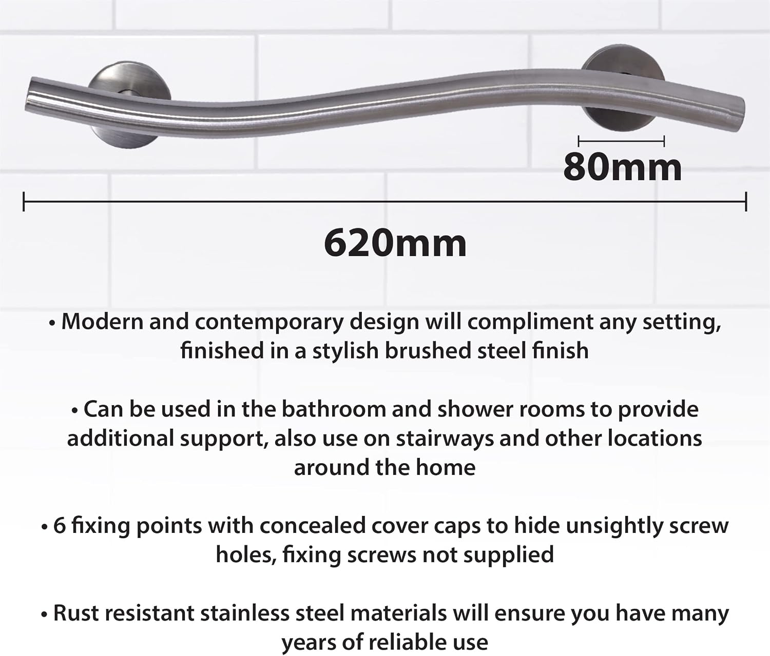 Aidapt Stainless Steel Curved Bathroom Grab Bar Brushed Steel Safety Handle