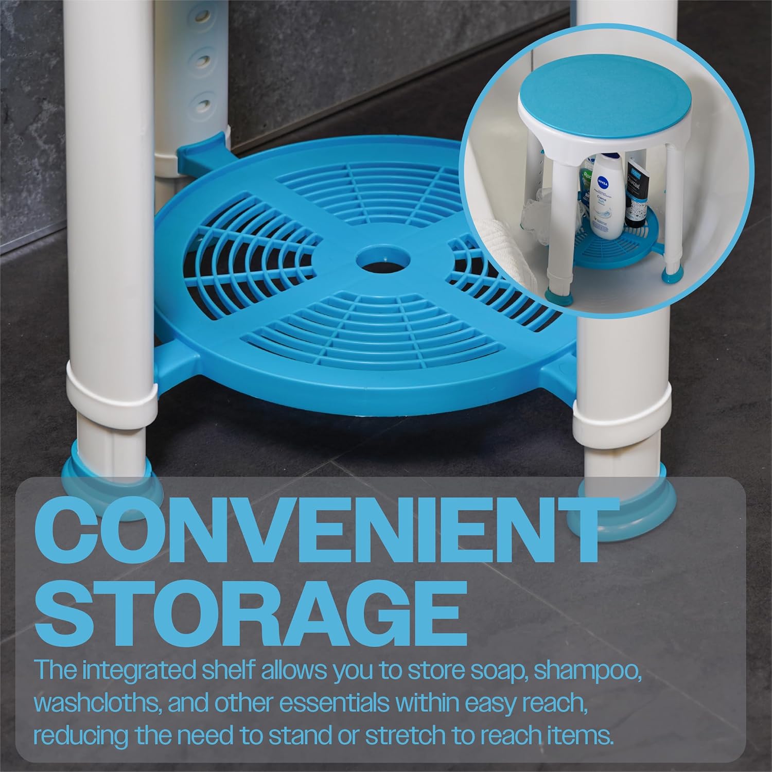 Shower Stool with Swivel Seat and Shelf - VB511RT