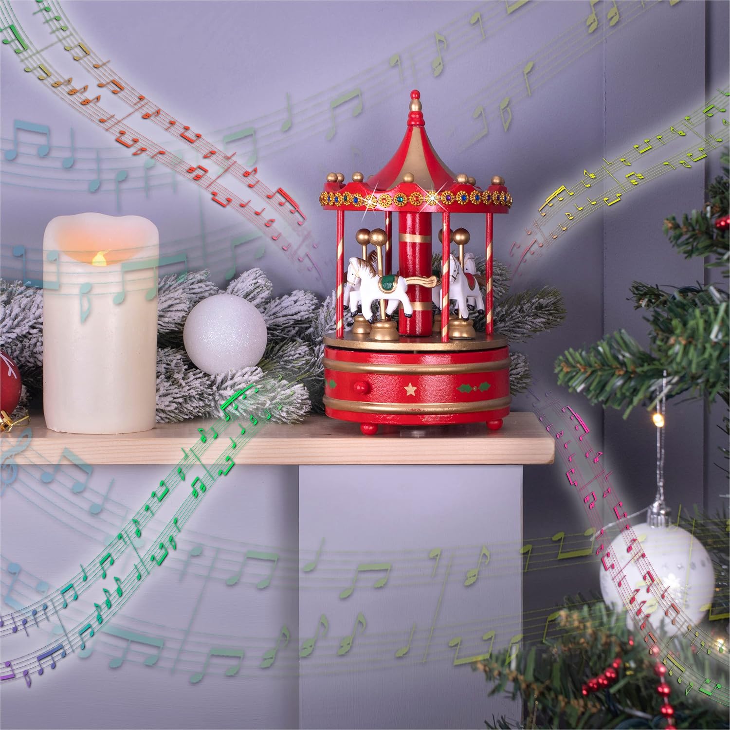 St Helens Home & Garden Wooden Carousel Music Box Red & Gold - GH9036
