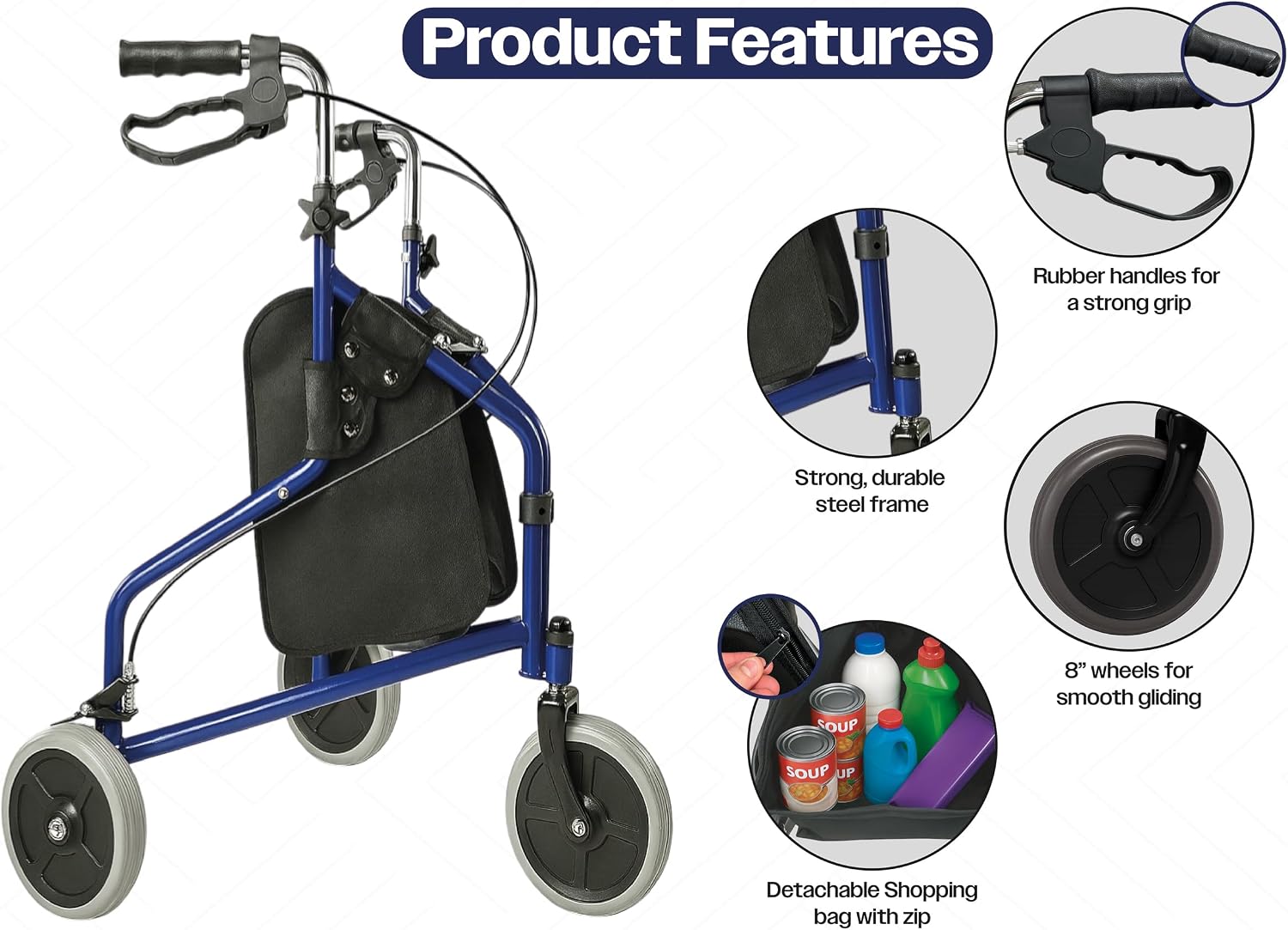 Aidapt Three Wheeled Walker with Bag in Blue - VP174FC