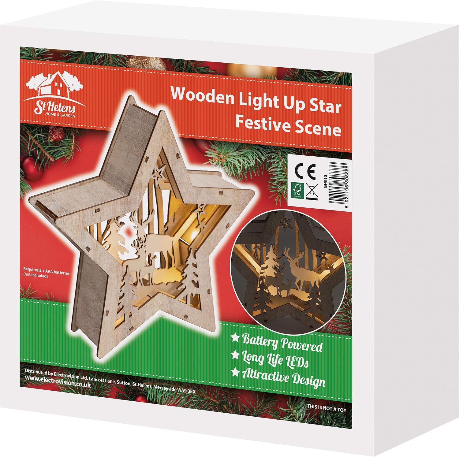 Battery Powered Wooden Light Up Christmas Star - GH913