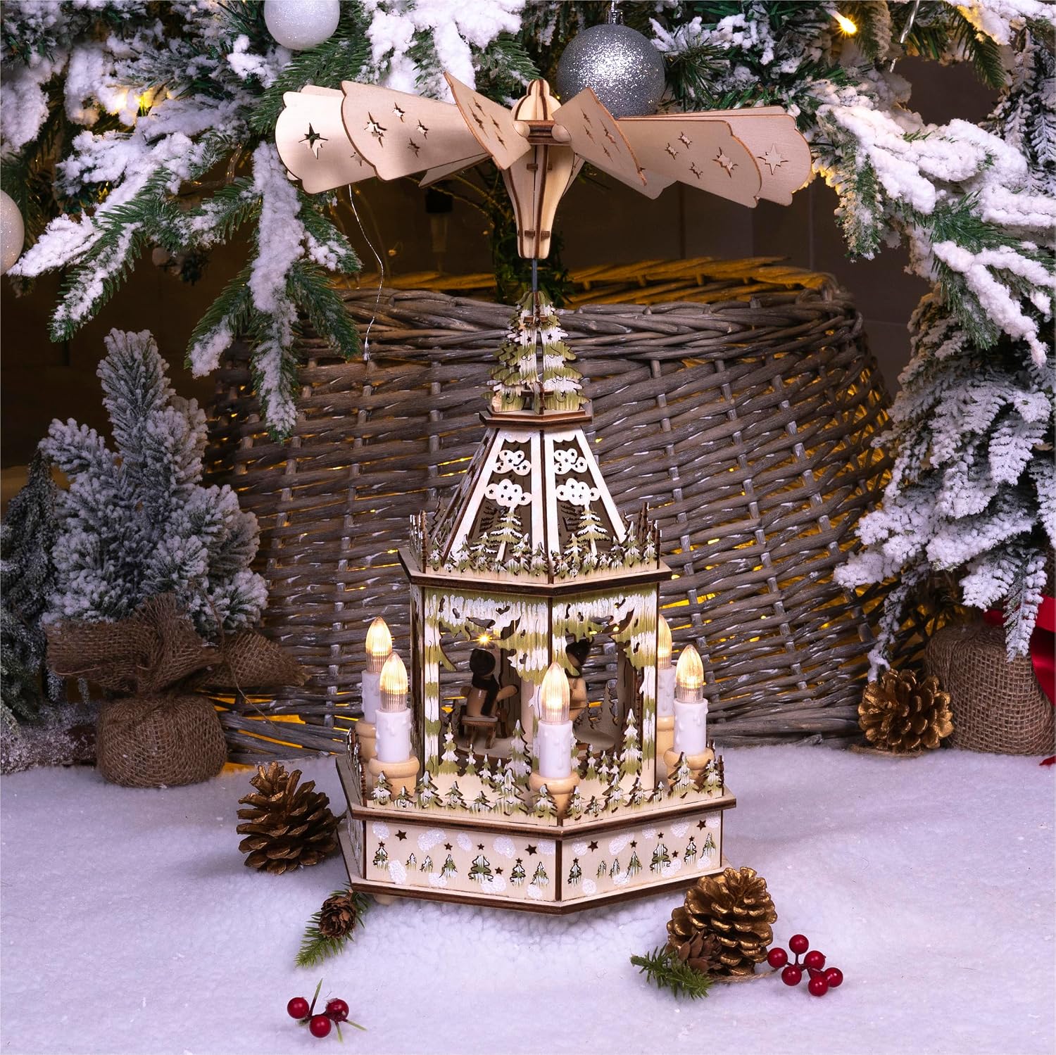 Battery Powered Wooden Christmas Pyramid with 6 LED Lights - GH9030