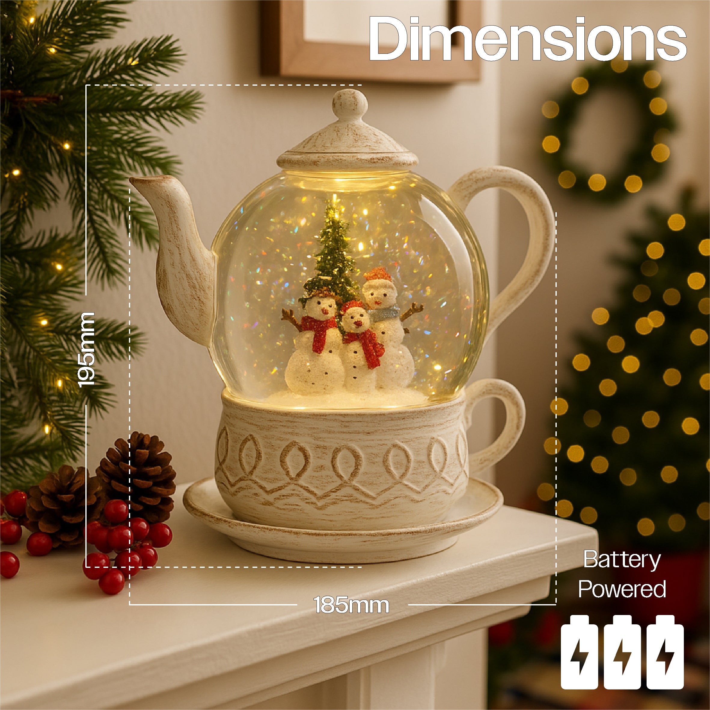 Xmas Haus Snow Swirl Festive Christmas Glitter LED Teapot