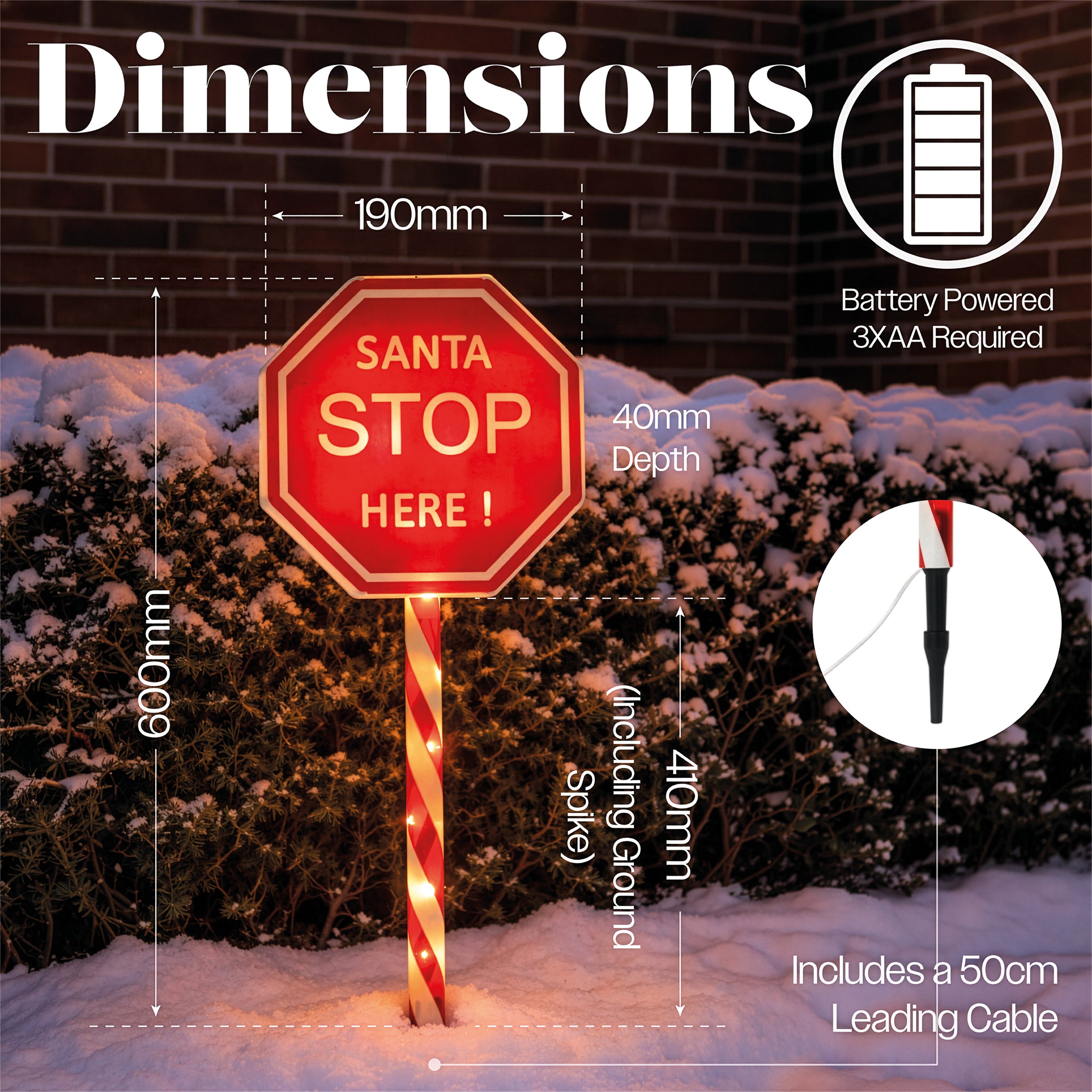 Xmas Haus Warm White LED Santa Stop Here Sign Battery Powered with Timer