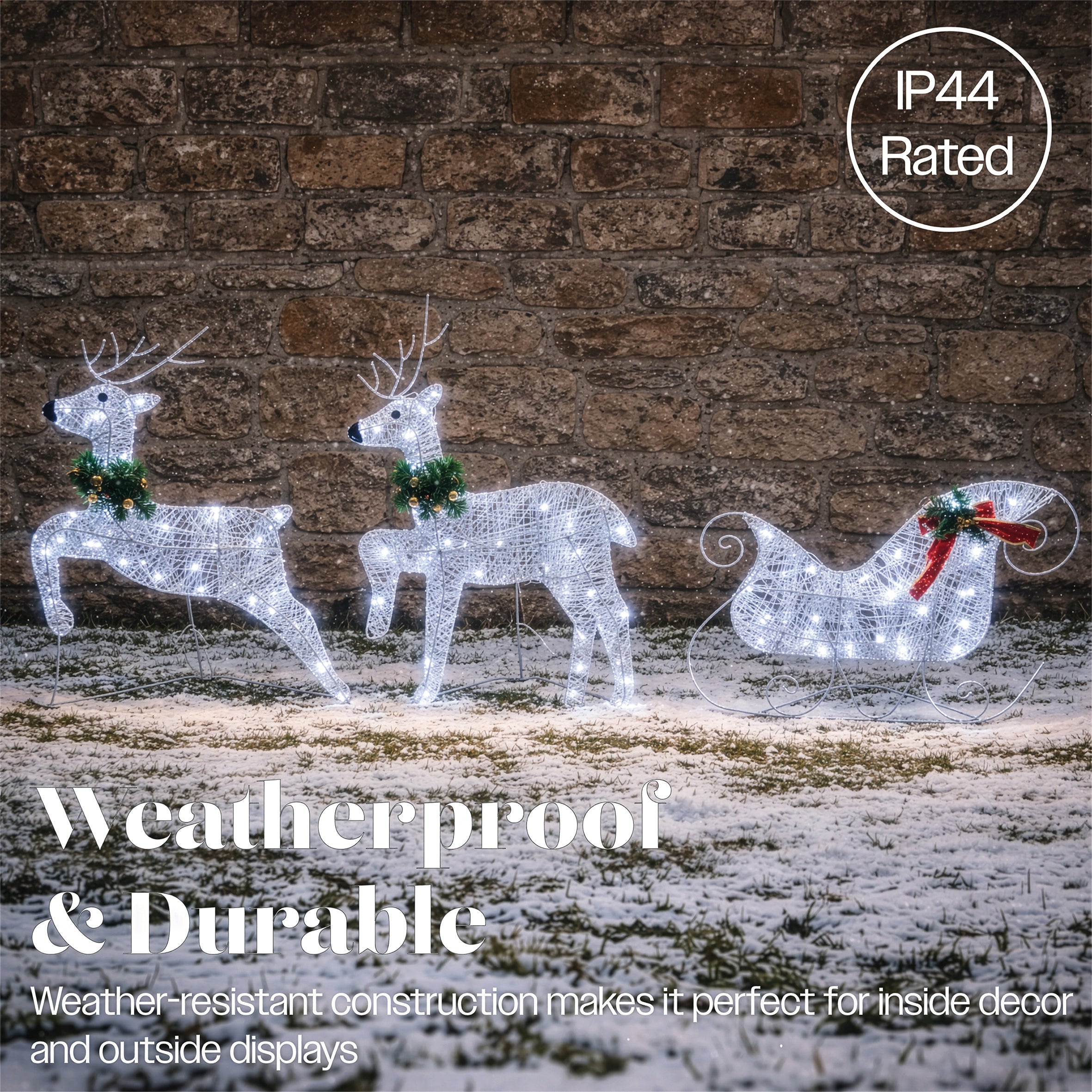 Xmas Haus LED Silver Glitter Deer and Sleigh Outdoor Decoration with Flash and Timer