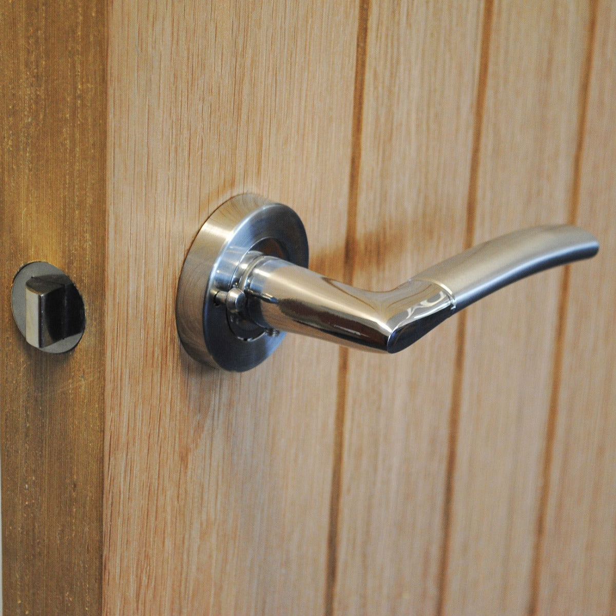 VIBE Design Push Button Privacy IOS Lever in Satin/Polished Chrome for Bathroom Doors