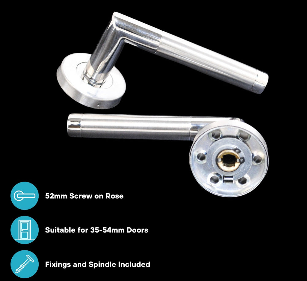 ViBE Dubel Lever on Rose Door Handle in a Dual Satin & Polished Stainless Steel Finish for Internal Doors