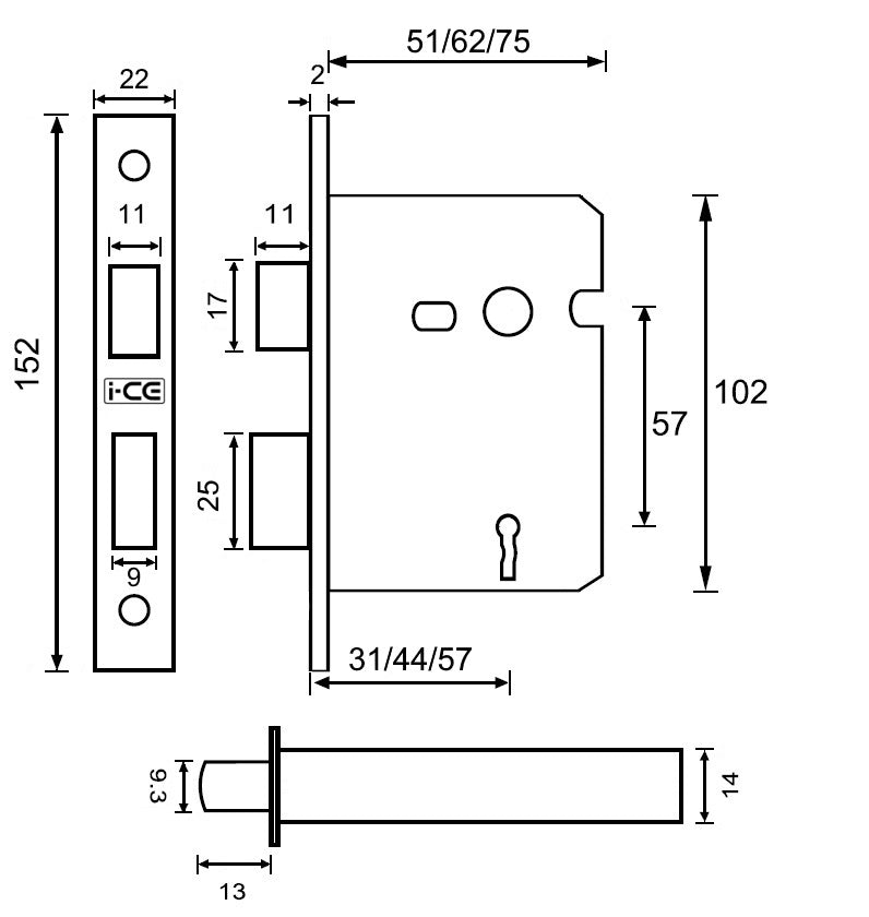 3 Lever Sashlock 63mm CE Rated Satin Nickel Plated