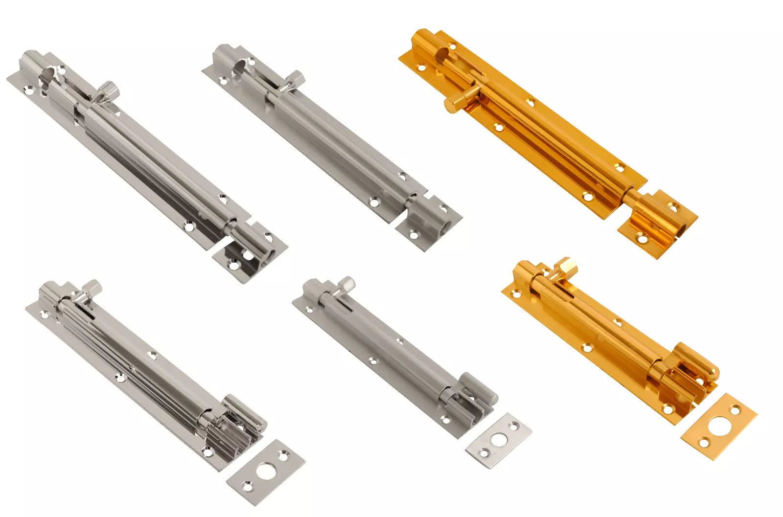 Barrel Bolt Straight or Necked Heavy Duty Polished Brass & Chrome, Satin Chrome