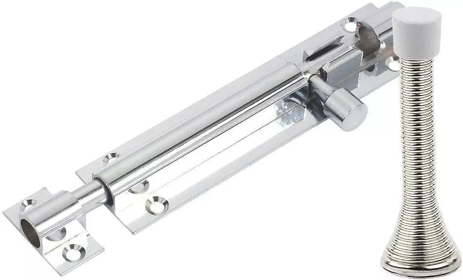 Barrel Bolt Straight 100mm x 25mm (4 x 1 Inch) Chrome with Doorstop Pack of 1