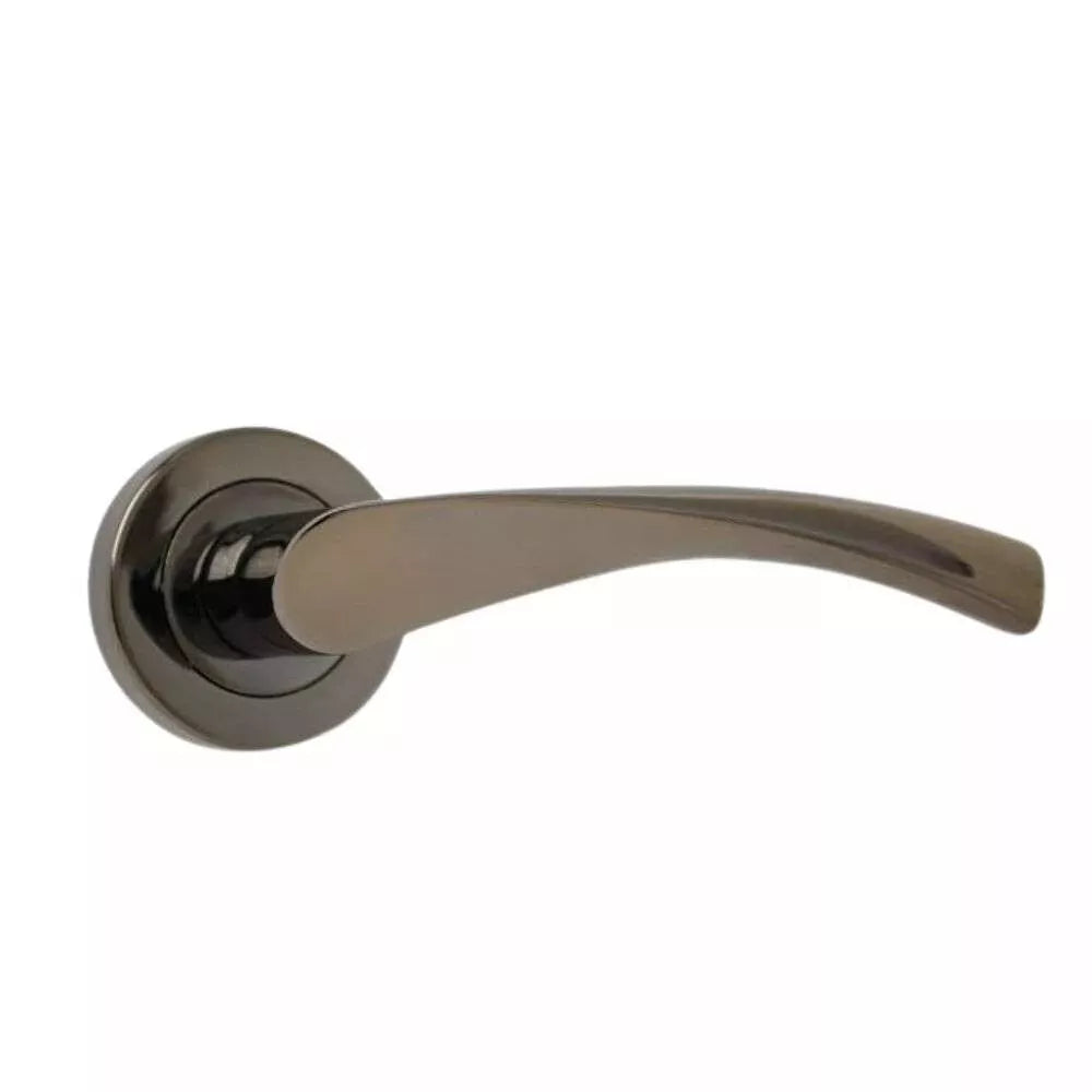 Dzina Twirl Lever on Rose Door Handle in Black Nickel Finish