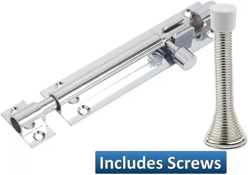 Barrel Bolt Straight 100mm x 25mm (4 x 1 Inch) Chrome with Doorstop Pack of 1