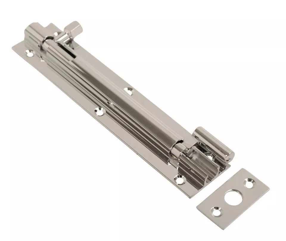 Barrel Bolt Straight or Necked Heavy Duty Polished Brass & Chrome, Satin Chrome