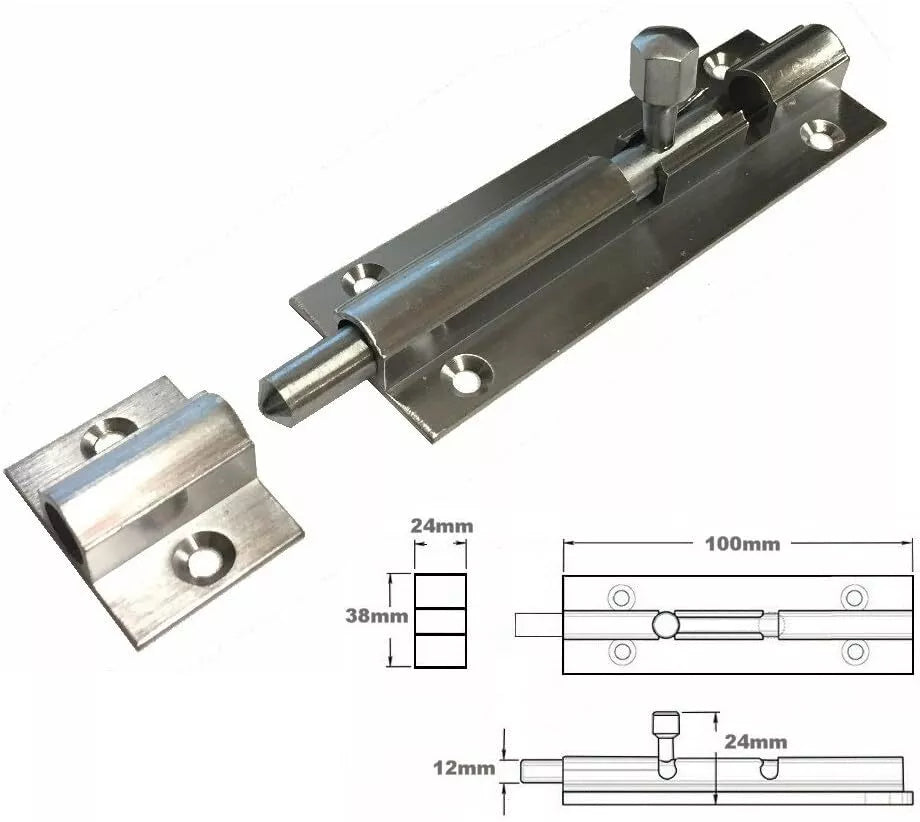 38mm Barrel Bolt Straight/Necked - Satin Chrome Finish (Straight, 38mm x 100mm)