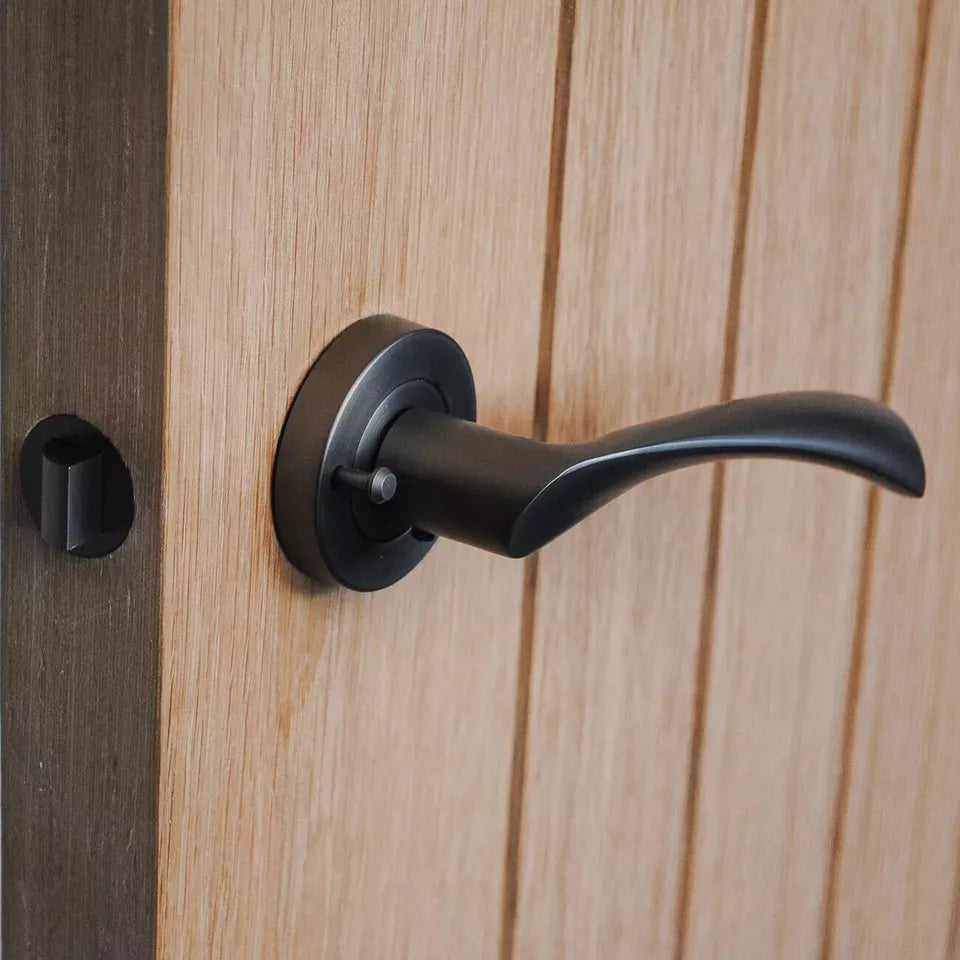 DZINA Twirl Push Button Privacy Lever on Rose Door Handle Gun Metal