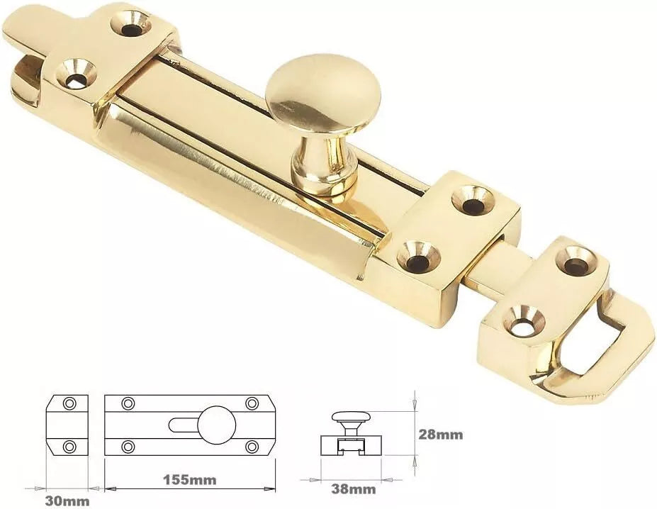 Sliding Surface Door Tower Bolt 200mm x 38mm (8 x 1. 1/2 Inch) Polished Brass