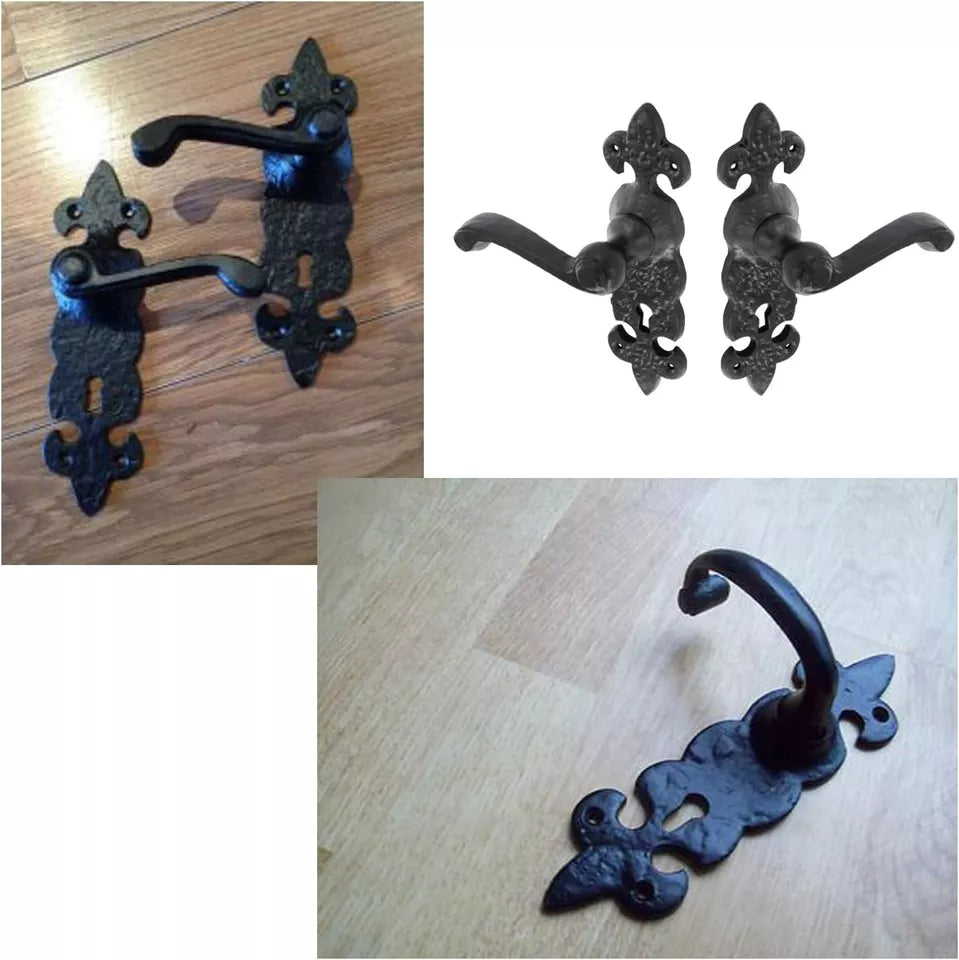 Fleur de LYS Door Fittings Handle, with Iron Letter Box Plate, Cylinder Pull