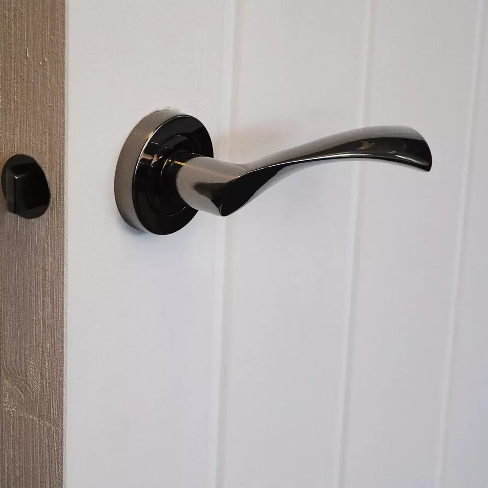Dzina Twirl Lever on Rose Door Handle in Black Nickel Finish
