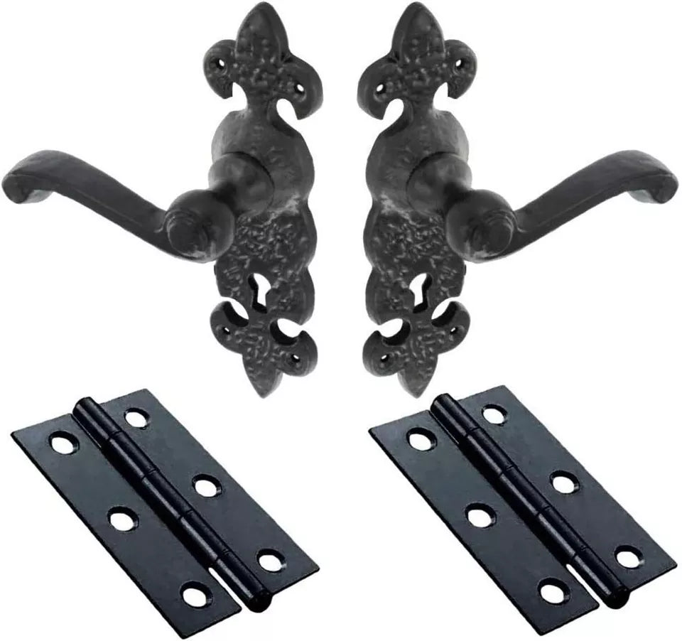 Fleur de LYS Lever Lock Door Handle and Hinges Set, Antique Black, 1 Set
