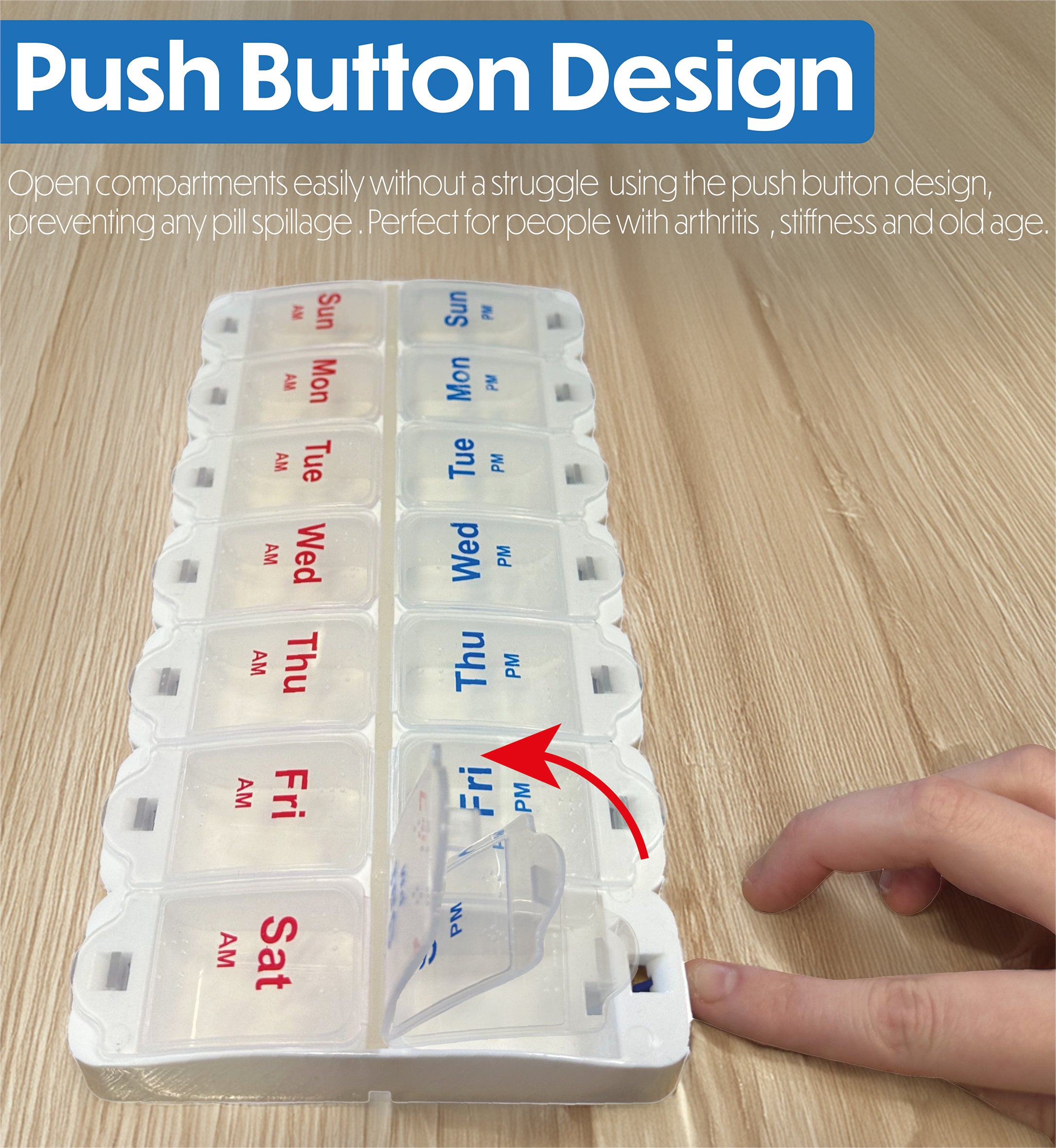 Deluxe AM/PM Weekday Pill Dispenser with Push Button Release - VM931AB