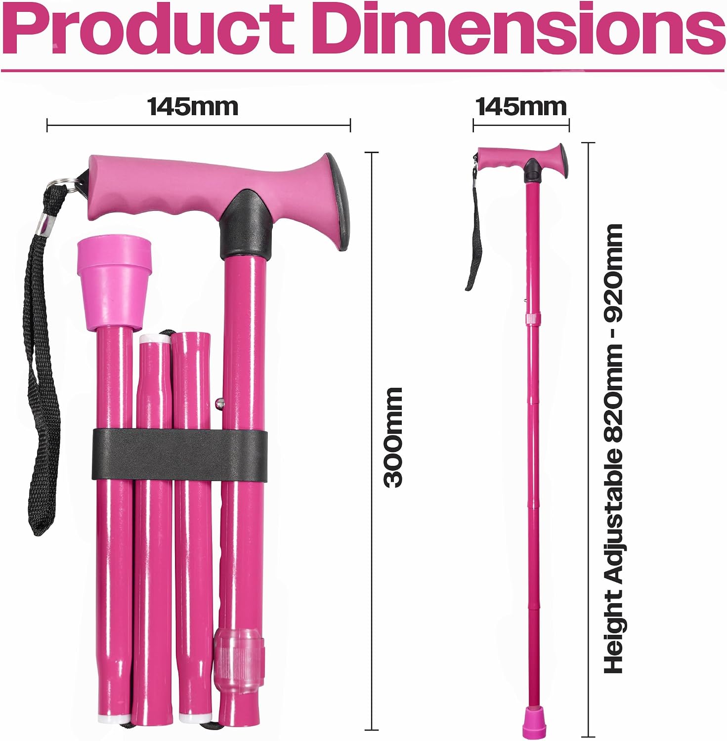 Folding Adjustable Walking Stick With Ergonomic Handle Pink - VP155ED
