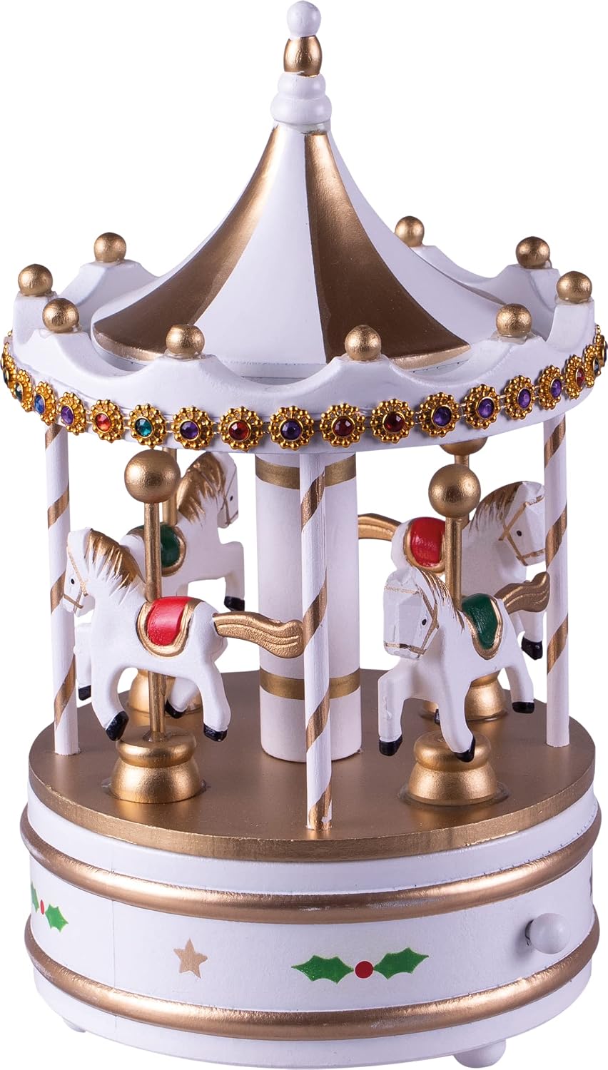 St Helens Home & Garden Wooden Carousel Music Box White & Gold - GH9038